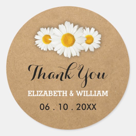 Daisies und Rustic Paper Wedding Vielen Dank Runder Aufkleber (Vorderseite)