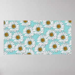 Daisies White Blume auf Blue Vintag Seamless Pat Poster