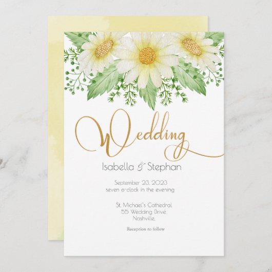 Daisies White Yellow Floral Script Wedding Einladu Einladung (Vorne/Hinten)
