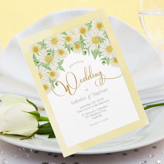 Daisies White Yellow Floral Script Wedding Einladu Einladung