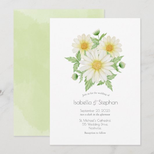 Daisies White Yellow Floral Script Wedding Einladu Einladung (Vorne/Hinten)