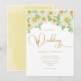 Daisies White Yellow Floral Script Wedding Einladung