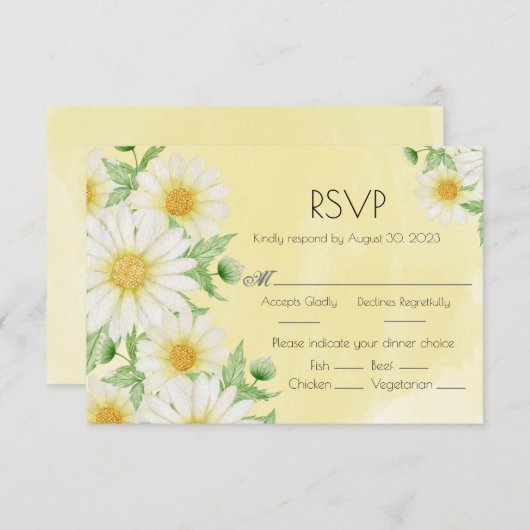 Daisies White Yellow Floral Script Wedding RSVP Karte (Vorne/Hinten)