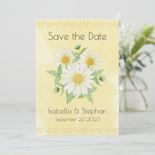 Daisies White Yellow Floral Typografy Rett Save The Date (Stehend Vorderseite)