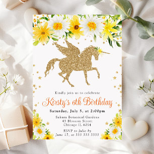 Daisies Yellow Floral Gold Unicorn Geburtstagspart Einladung