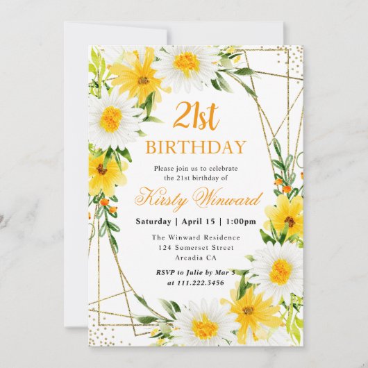 Daisies & Yellow Flowers Gold Frame 21. Geburtstag Einladung (Vorderseite)