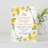 Daisies & Yellow Flowers Gold Frame 21. Geburtstag Einladung (Stehend Vorderseite)