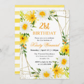 Daisies & Yellow Flowers Gold Frame 21. Geburtstag Einladung (Vorne/Hinten)