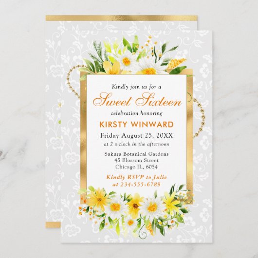 Daisies & Yellow Summer Blume Gold Foil Sweet 16 Einladung (Vorne/Hinten)