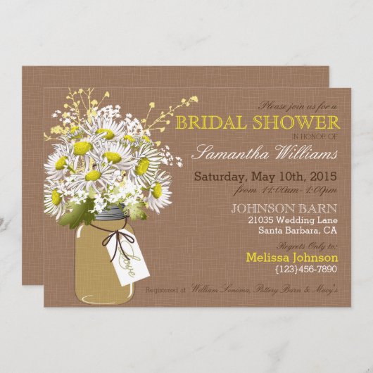 Daisis Mason Jar Burlap Rustic Brautparty Einladung (Vorne/Hinten)