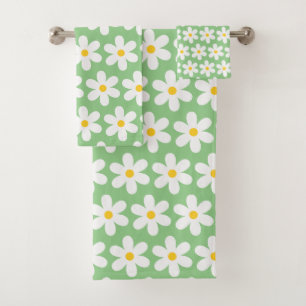 Daisis Retro Blumenmuster Weiß Grün Badhandtuch Set