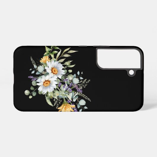 Daisis und Eukalyptus auf schwarz Samsung Galaxy Hülle (Rückseite (Horizontal))