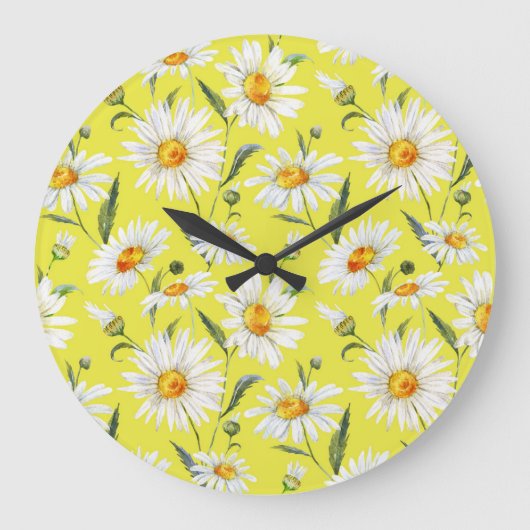 Daisy Aquarell, gelbes nahtloses Muster. Große Wanduhr (Vorderseite)