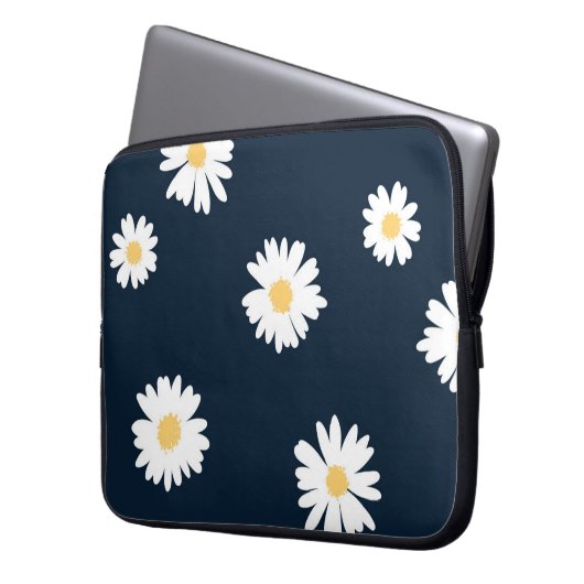 Daisy auf blauem Muster Laptopschutzhülle (Vorderseite Links)