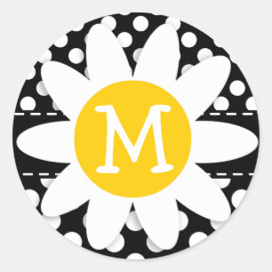 Daisy auf schwarzen und weißen Polka-Punkten Runder Aufkleber
