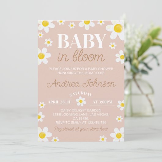 Daisy Baby in Bloom Boho Babydusche Einladung (Stehend Vorderseite)