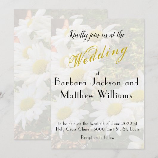 Daisy Background Fflügling Yellow Script Wedding Einladung (Vorne/Hinten)