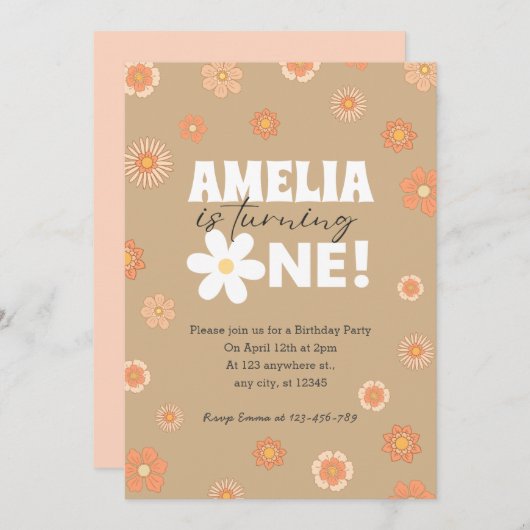 Daisy Beige Einladung zum ersten Geburtstag (Vorne/Hinten)