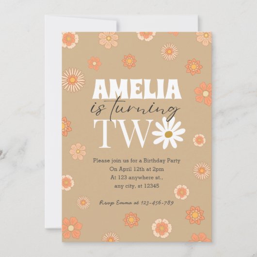 Daisy Beige Einladung zum zweiten Geburtstag (Vorderseite)