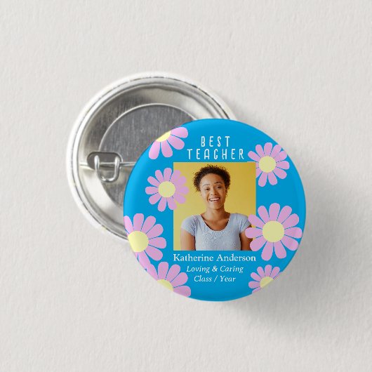 Daisy Best Teacher Foto Bright Blue Button (Vorne & Hinten)