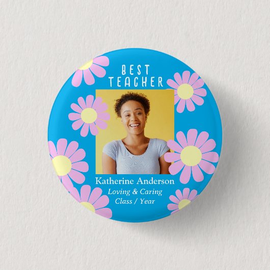 Daisy Best Teacher Foto Bright Blue Button (Vorderseite)