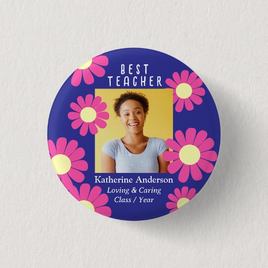 Daisy Best Teacher Foto Dark Lila Button (Vorderseite)