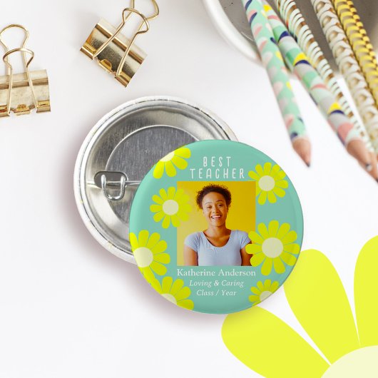 Daisy Best Teacher Foto Light Aquamarin Button