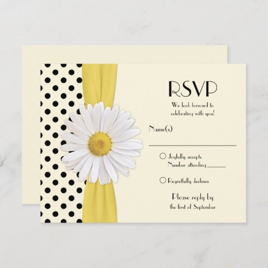 Daisy Black and Ivory Polka Dot Reply Card RSVP Karte (Vorne/Hinten)