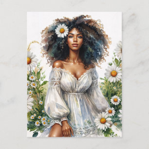 Daisy Black Woman Curly Hair Summer Watercolor Postkarte