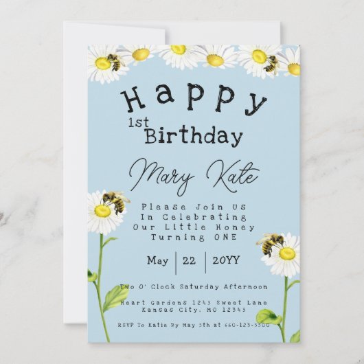 Daisy Blume 1. Geburtstag Honey Bee Einladung (Vorderseite)