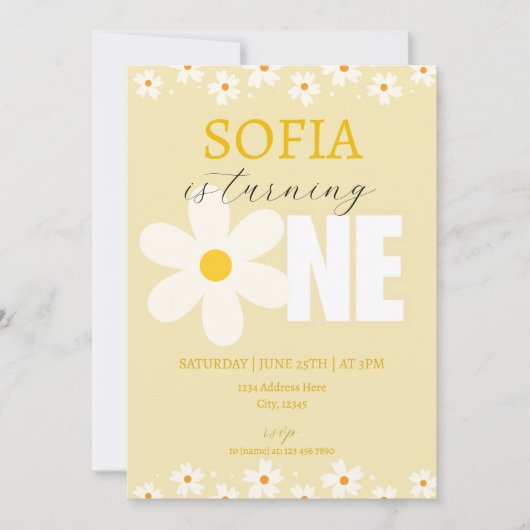 Daisy Blume Einladung zum ersten Geburtstag (Vorderseite)