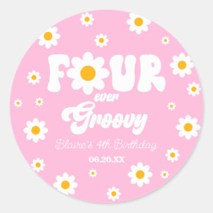 Daisy Blume Four Ever Groovy 4. Geburtstag Party Runder Aufkleber
