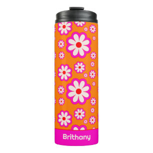 Daisy Blume Muster Pink & Orange 70er Retro Name Thermosbecher
