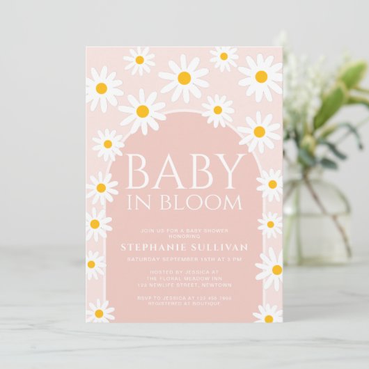 Daisy Boho Baby in Bloom Pink Babydusche Einladung (Stehend Vorderseite)