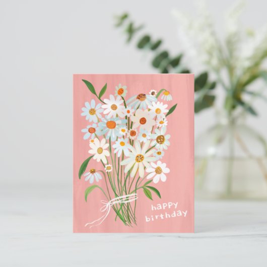 Daisy Bouquet Happy Birthday BlushPink handbemalt Postkarte (Stehend Vorderseite)