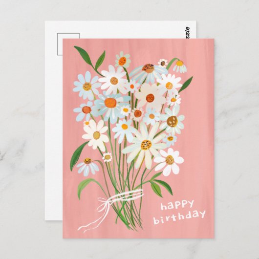 Daisy Bouquet Happy Birthday BlushPink handbemalt Postkarte (Vorne/Hinten)