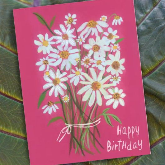 Daisy Bouquet Happy Birthday Pink handbemalt Postkarte