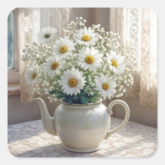 Daisy Bouquet in an Antique Teapot Quadratischer Aufkleber (Vorderseite)
