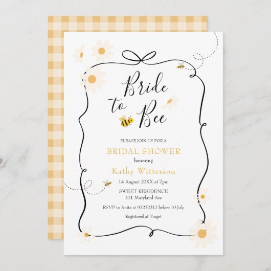 Daisy Bow Ribbon Modern Bee Bride to Bee Bridal Einladung (Vorne/Hinten)