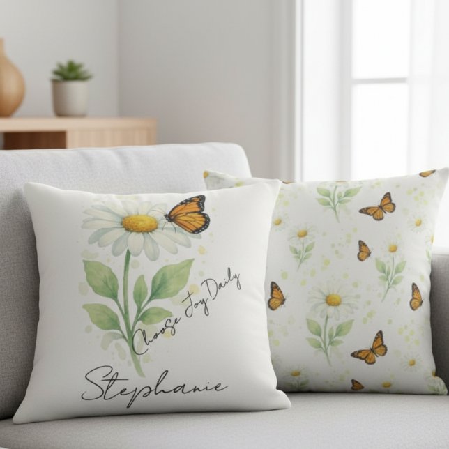 Daisy Butterfly Throw Pillow - Inspirational Decor Kissen (Inspirational Daisy and Monarch Butterfly throw pillow)