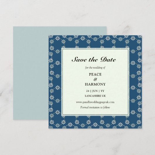 Daisy Chain Blue Pattern Square Save the Date Card (Vorne/Hinten)