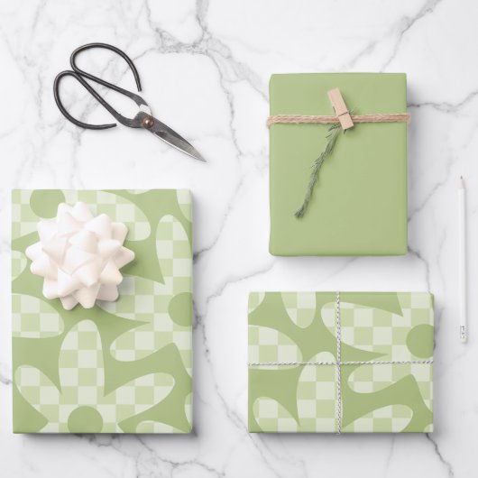 Daisy Check Sage Green Retro Modern Pattern Geschenkpapier Set (Vorderseite)
