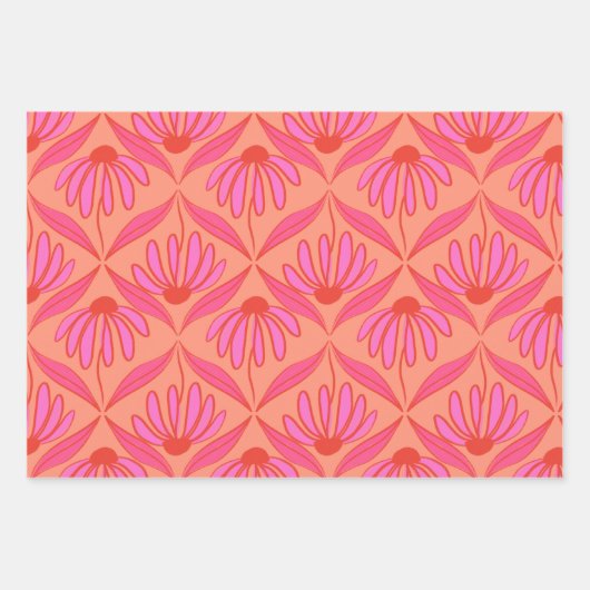 Daisy Damask Pattern - Rosa und Orange Geschenkpapier Set (Vorderseite)
