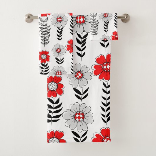 Daisy Doodles in rot und schwarz Badhandtuch Set (Insitu)