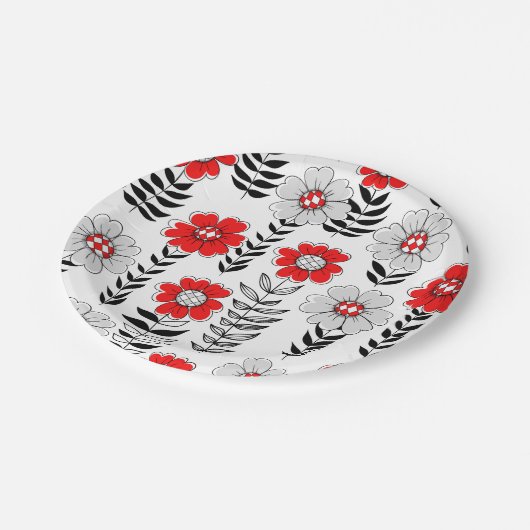 Daisy Doodles in rot und schwarz Pappteller (Schrägansicht)