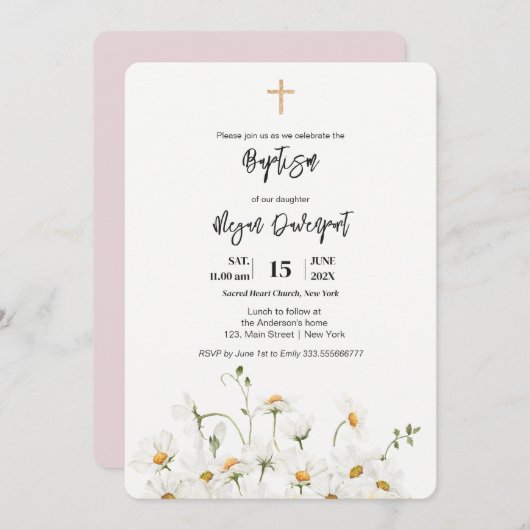 Daisy elegante Girl Baptisse Einladung (Vorne/Hinten)