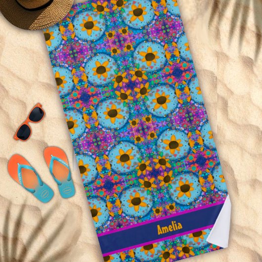 Daisy Floral Blue Individuelle Name Pattern Trendy Strandtuch