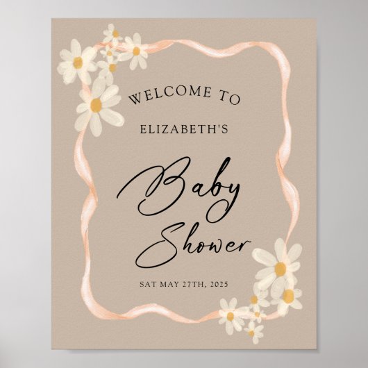 Daisy Floral Brown Babydusche Begrüßungszeichen Poster (Vorne)
