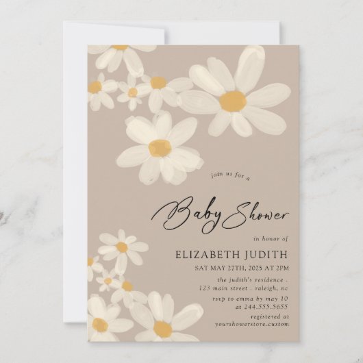 Daisy Floral Brown Babydusche Einladung (Vorderseite)