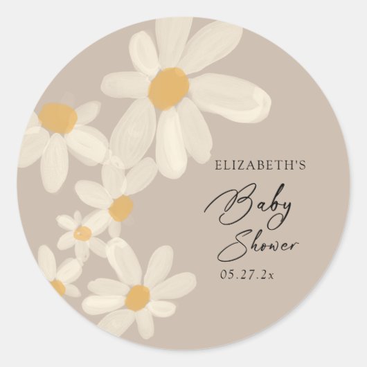 Daisy Floral Brown Babydusche Runder Aufkleber (Vorderseite)